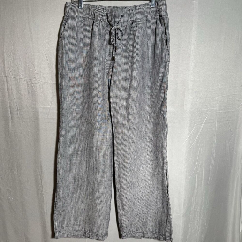 Style & Co Linen Pants Women Size 12 Blue Stripe Elastic Waist Drawstring Summer